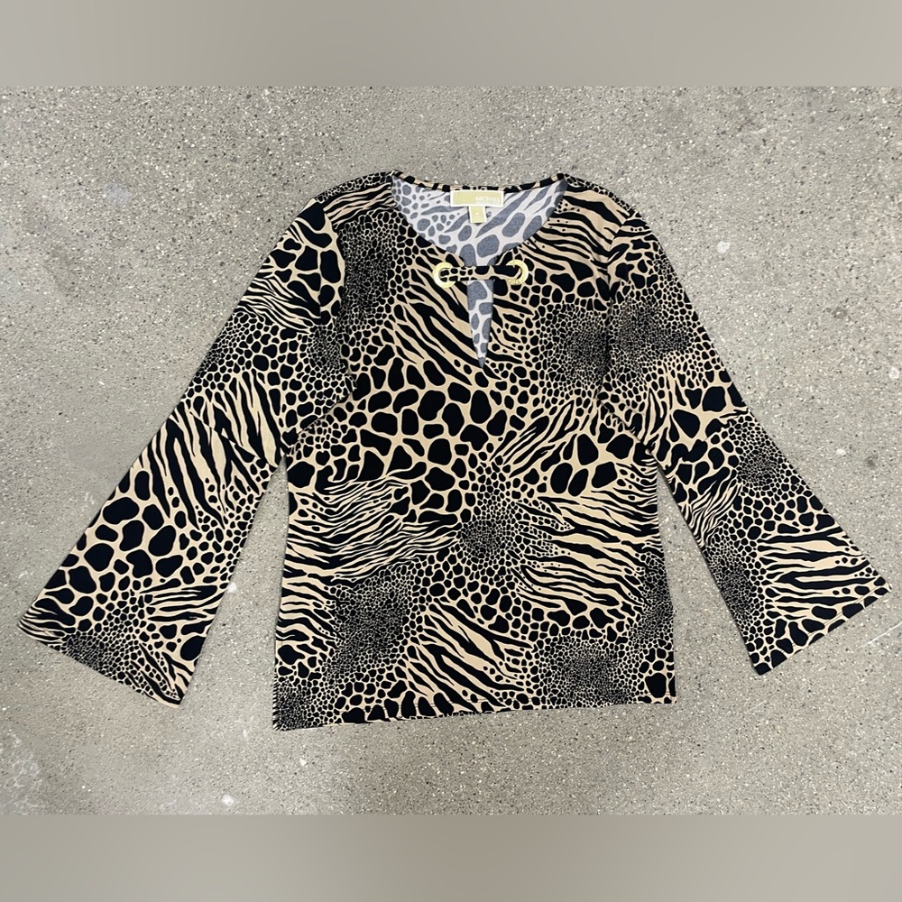 Rare HTF MICHAEL KORS Blouse Multi Animal Pattern Logo BEIGE/BLACK Bell Sleeves